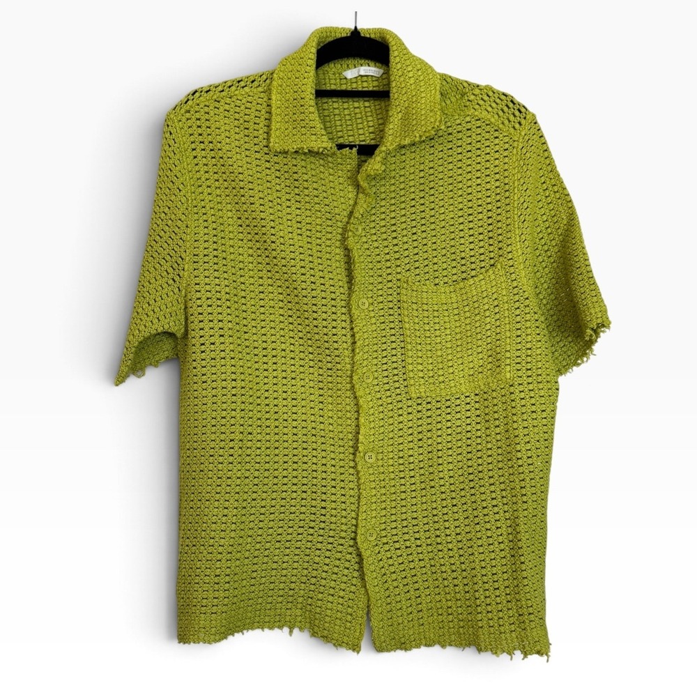 Zara Lime Green Crochet Knit Short Sleeve Button Down Shirt Size Medium Beachy